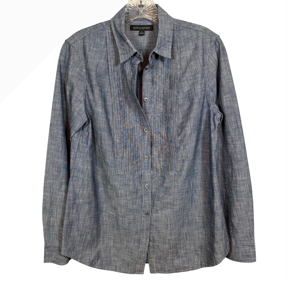 Banana Republic Womens Blue Cotton Chambray Tuxedo Bib Button Down Shirt Small